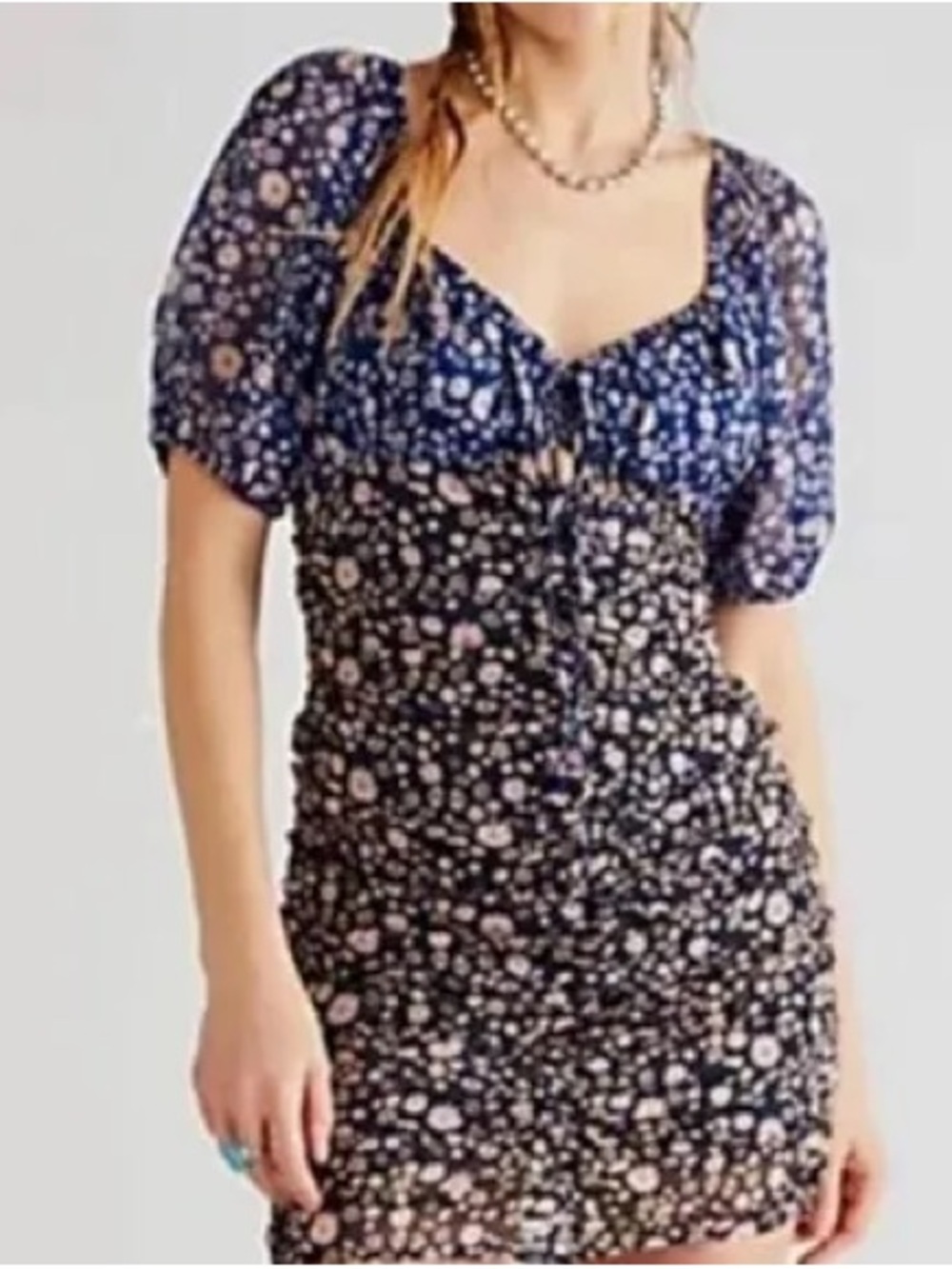 Free People Tessa Navy & Black Floral Puff-Sleeve Mini Dress